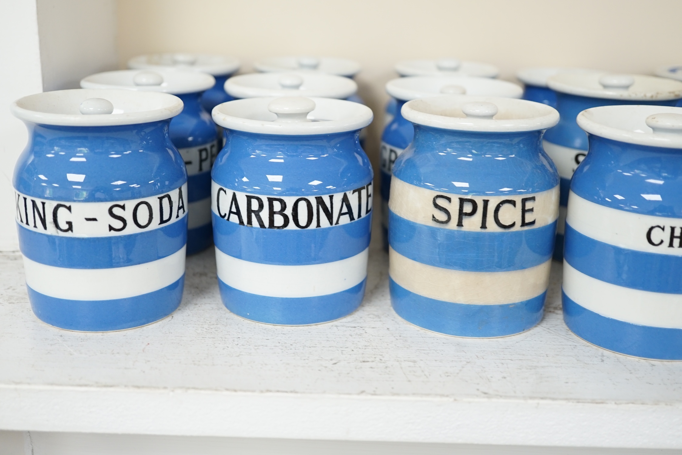 T.G.Green Cornish Kitchenware, eighteen 8.5cm lidded storage jars to include Curry Powder, Baking Soda, Candied Peel, Chillies, Pimento and Arrowroot, mixed marks. Condition - poor, fair and good